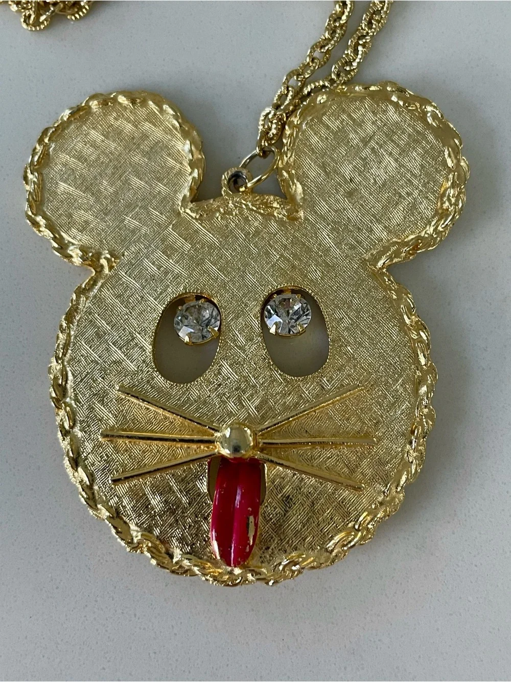 Vintage Large Gold-Tone Whimsical Mouse Head Pendant Necklace
